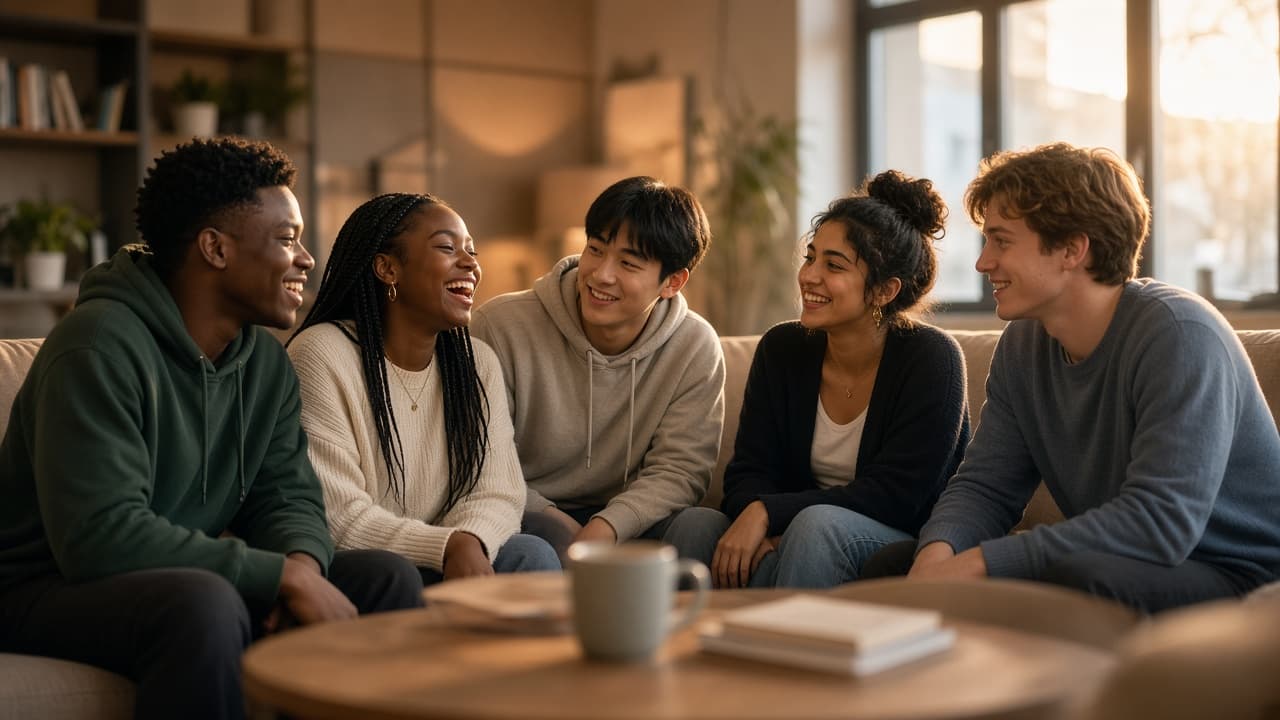 Groupe d’étudiants de tous horizons réunis dans un espace commun de résidence